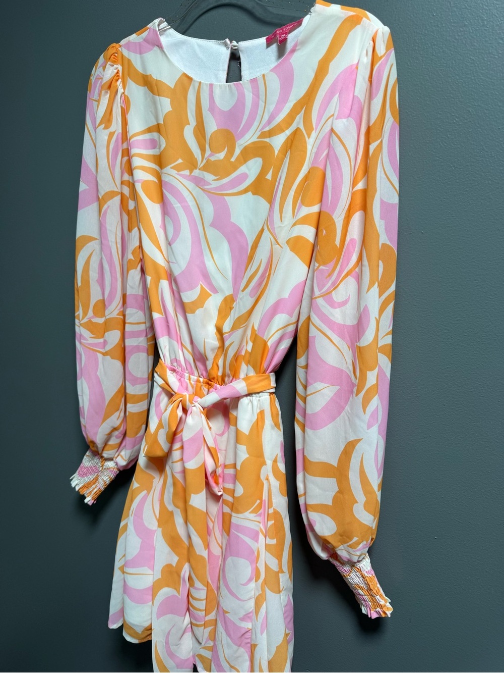 Flying Tomato Pink & Orange 70s Hippie Boho Vibes Swirl Tie-Waist Mini Dress M - Picture 4 of 7